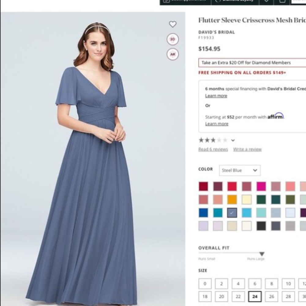 David’s Bridal Flutter Sleeve Crisscross Mesh Bridesmaid Dress F19933 Steel Blue